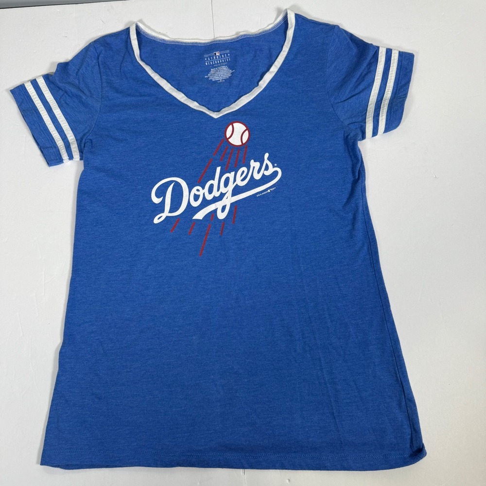 MLB‎ Dodgers T-Shirt Womens Medium 5th & Ocean Blue V-Neck Short Sleeve Striped